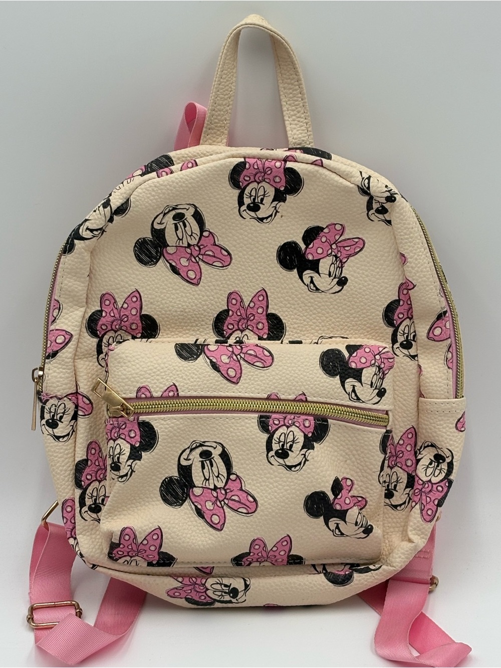 Disney Minnie Mouse Backpack Cream Pink Faux Leather Gold Hardware Fast Forward